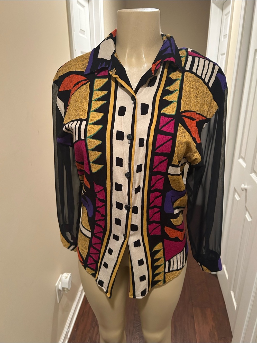 City Chic Multicolor Geometric Button-Up Blouse with Sheer Black Sleeves